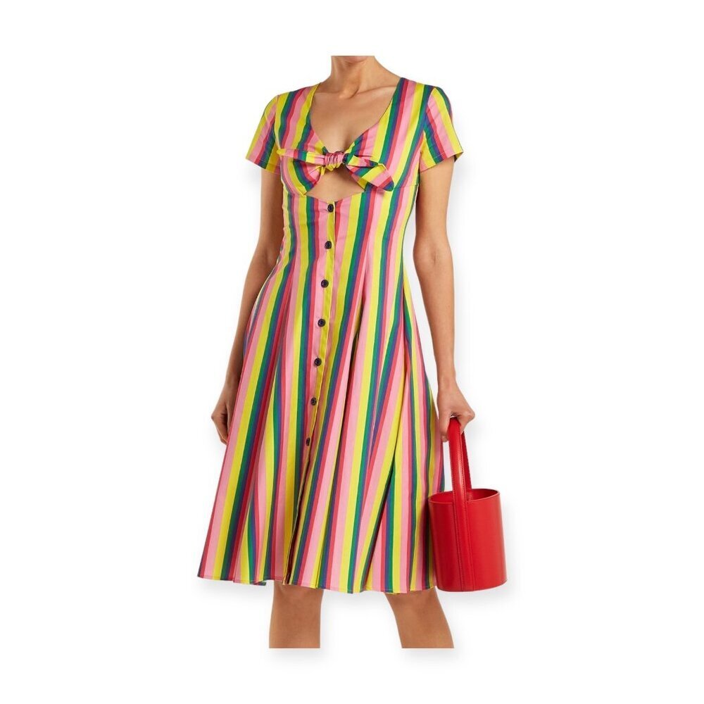 STAUD Alice Multicolor Stripe Knotted Poplin Midi Dress Size 2 NWT